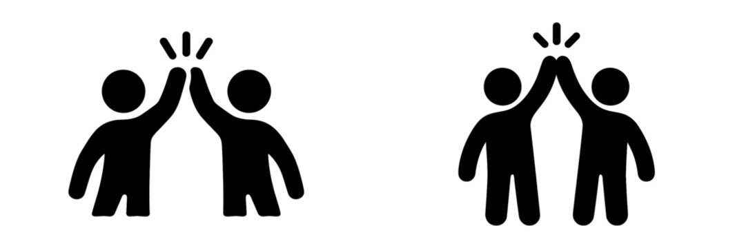 High five icon set with two people celebrating success or agreement, a simple black silhouette symbol for teamwork and partnership
