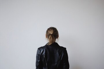 Rear view of model wearing black leather jacket with ponytail hairstyle standing in front of white wall