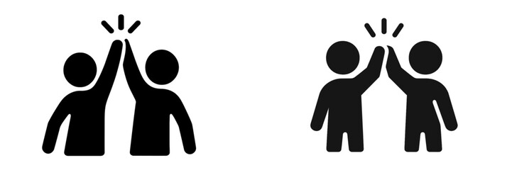 High five icon set with two people celebrating success and teamwork in a simple black silhouette style isolated on a white background