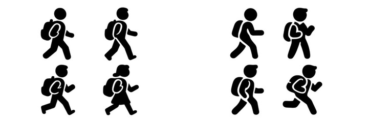 Black silhouette icon set of students with backpacks walking and running to school, simple pictograms of children and pupils