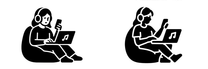 Woman listening to music on a laptop and smartphone while sitting on a beanbag chair, black and white icon set © icon_art