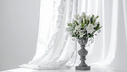 레이스 커튼 앞 흰 꽃 화병 White Floral Vase by Lace Curtain