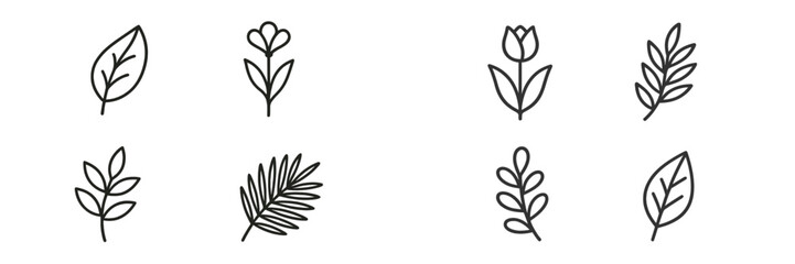 Set of minimalist leaf and flower line icons for botanical design elements, simple floral and plant doodle collection isolated on white background