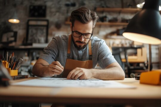 Focused craftsman working on a blueprint in a brightly lit workshop, meticulously planning his next woodworking project
