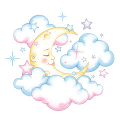 Sweet dreams concept with a cute cartoon moon sleeping peacefully among soft pastel clouds and twinkling stars. Whimsical nursery art
