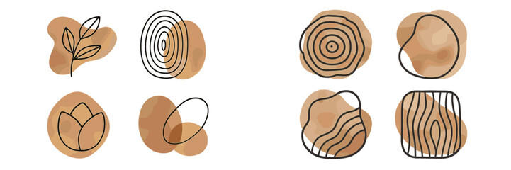 Abstract organic shapes with minimalist line art and watercolor texture backgrounds for modern boho design elements
