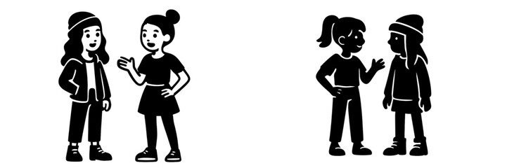 Black and white graphic icon set of two young women having a conversation, representing friendship, communication, and social connection