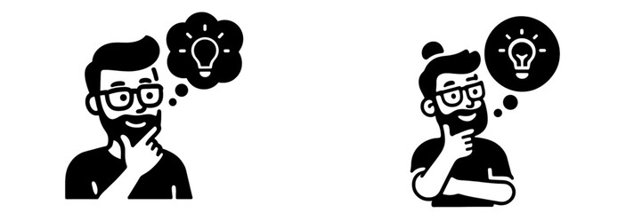 Pensive man with beard and glasses having a creative idea symbolized by a light bulb in a thought bubble