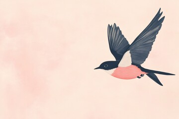 Fototapeta premium Illustration of a pink robin bird gracefully soaring through a soft pink sky, conveying freedom and tranquility