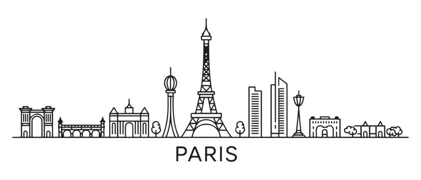 Paris Line Art Skyline. Paris city black skyscrapers and buildings. Long cityscape. with white background