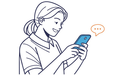 a smiling young woman enthusiastically typing on her blue smartphone, with a chat bubble indicating a message in progress, in a minimalist line art style