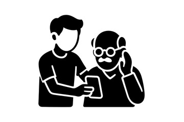 Young man patiently teaching an elderly senior citizen how to use a modern smartphone for communication and digital literacy