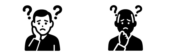 Confused man with question marks icon set for problem solving and doubt, simple black and white glyph symbol for thinking and uncertainty