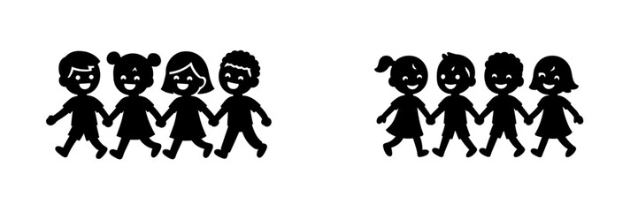 Simple black silhouette icons of two diverse groups of children walking together and holding hands to symbolize friendship and unity