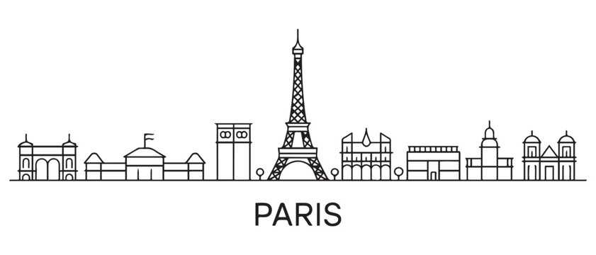 Paris Line Art Skyline. Paris city black skyscrapers and buildings. Long cityscape. with white background