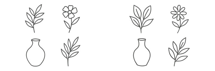 Obraz premium Minimalist hand-drawn line art set of botanical elements including flowers, leaves, and vases for simple elegant design