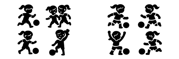 Set of black silhouette icons of young girls playing soccer in various action poses like dribbling, running, and celebrating, isolated on a white background for sports and activity concepts