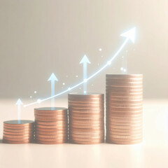Photography of stack of coins with Virtual  arrows upward.