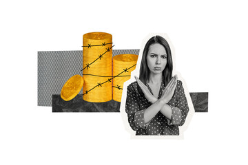 Composite photo collage of dissatisfied strict gild show crossed hands arrested bribe money golden...