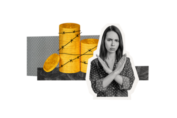 Composite photo collage of dissatisfied strict gild show crossed hands arrested bribe money golden dollar isolated on painted background