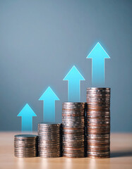 Photography of stack of coins with Virtual  arrows upward.