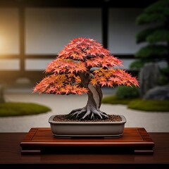 Japanese Maple Bonsai Tree with Red Leaves in Autumn.