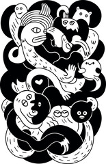 Hand drawn vector doodle art with unique black and white characters, whimsical and playful illustration, perfect for quirky designs and creative projects.