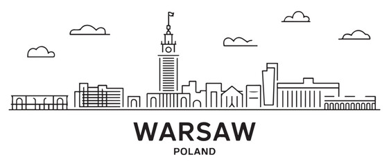 Naklejka premium Warsaw Line Art skyline horizontal banner. Warsaw, Poland. Vector template for your design. with white background