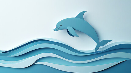 Fototapeta premium Happy blue dolphin jumping out of layered paper waves. Creative digital art illustration of a cheerful marine mammal in an origami sea
