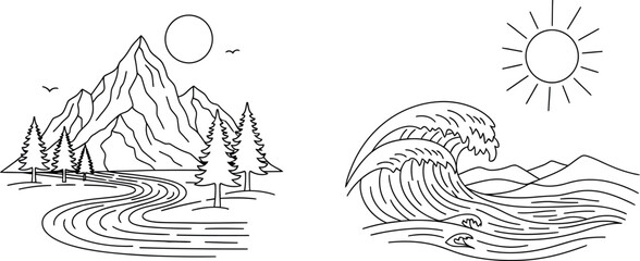Vector illustration of nature landscapes in a minimalist style. A mountain scene with a river and trees is contrasted by a powerful ocean wave under a bright sun.