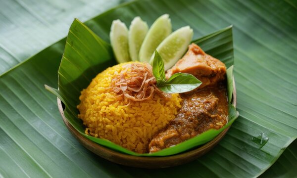 Yellow rice dish with curry and cucumber on banana leaves
