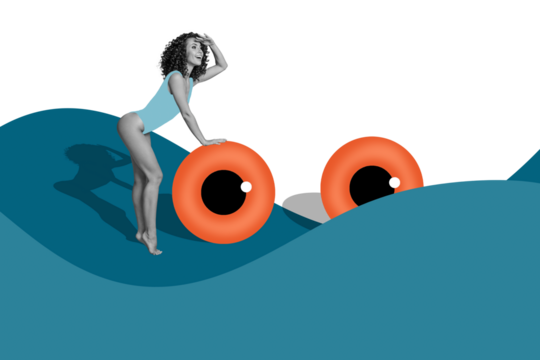 Trend artwork 3D sketch collage of travel vacation seaside ocean water wave young lady search wear swimsuit huge eye ball swim peek watch