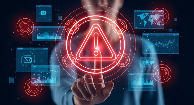 A person touching a red warning sign surrounded by digital screens and circular red light patterns