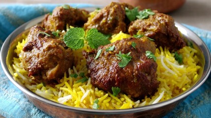 Fototapeta premium Savory biryani with tender meat and aromatic spices served in a traditional bowl