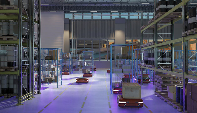 Logistics, Automation, Robotics, Warehouse. High-tech automated warehouse with robotic vehicles transporting crates and smart storage racks, representing modern logistics, supply chain automation