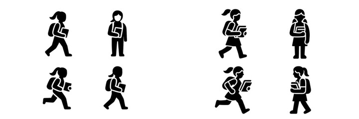 Collection of black glyph icons depicting a young schoolgirl with a backpack and books in various poses like walking, running, and standing