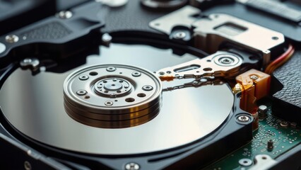 Close-up view of a hard drive's internal components