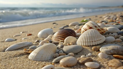 Seashells on pebbles.