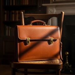 Elegant Leather Briefcase on Wooden Chair in Warm Light.