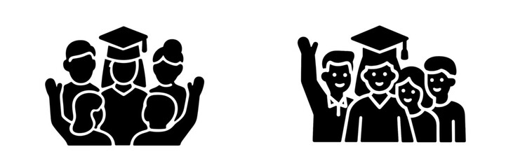 Two black silhouettes depicting a group of graduates and students celebrating university commencement