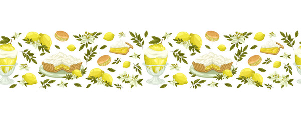 Sweet desserts and pastries seamless vector border. A perfect hand-drawn illustration with cakes, ice cream, and waffles. Great for confectionery packaging, cafe menus, invitations, and fabric designs