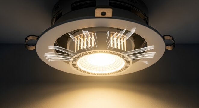 LED retrofit kit illuminated inside a ceiling can light housing demonstrating sleek retrofit design and heat dissipation features.