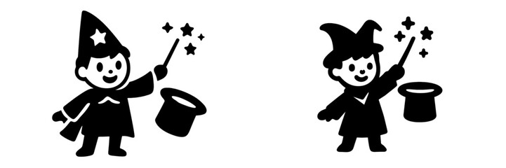 Simple black and white icon set of a cute child magician character performing a magic trick with a wand and top hat