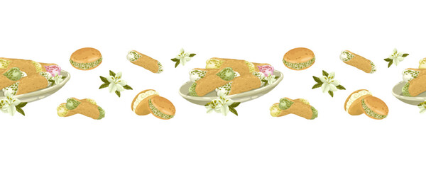 Pastries and desserts seamless vector border. A charming hand-drawn illustration featuring pies, cannoli, and cookies. Ideal for bakery branding, cafe decorations, culinary invitations