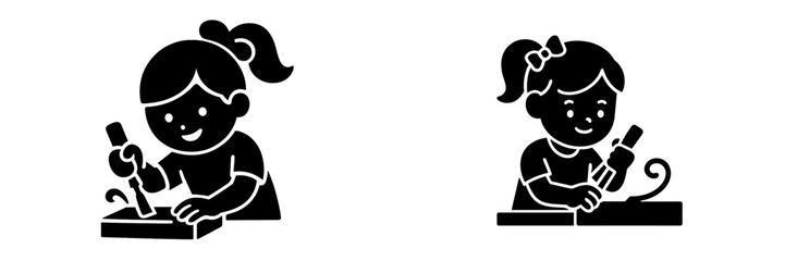 Girl carving wood icon set, child doing woodwork hobby, black silhouette glyph for creative activities and crafts