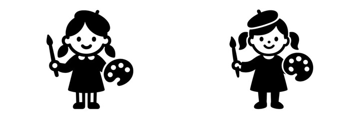 Simple black and white icon set of a young girl artist holding a paintbrush and palette for creative hobbies and art class