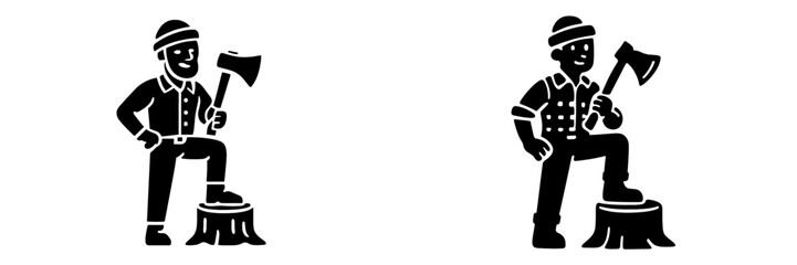 Iconic lumberjack figure with a sharp axe, standing confidently with one foot on a tree stump, symbolizing strength and forestry