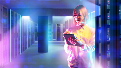 Data center, technology, IT. Female specialist with digital tablet manages servers in modern data storage facility with neon lights and futuristic atmosphere.