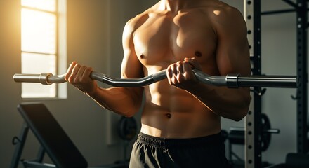 Muscular Man Performing Bicep Curls with EZ Bar in Gym with Window Light, Fitness and Bodybuilding Workout Concept