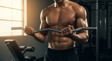 Muscular Male Bodybuilder Performing Bicep Curls with EZ Curl Bar in Gym, Fitness and Strength Training Concept